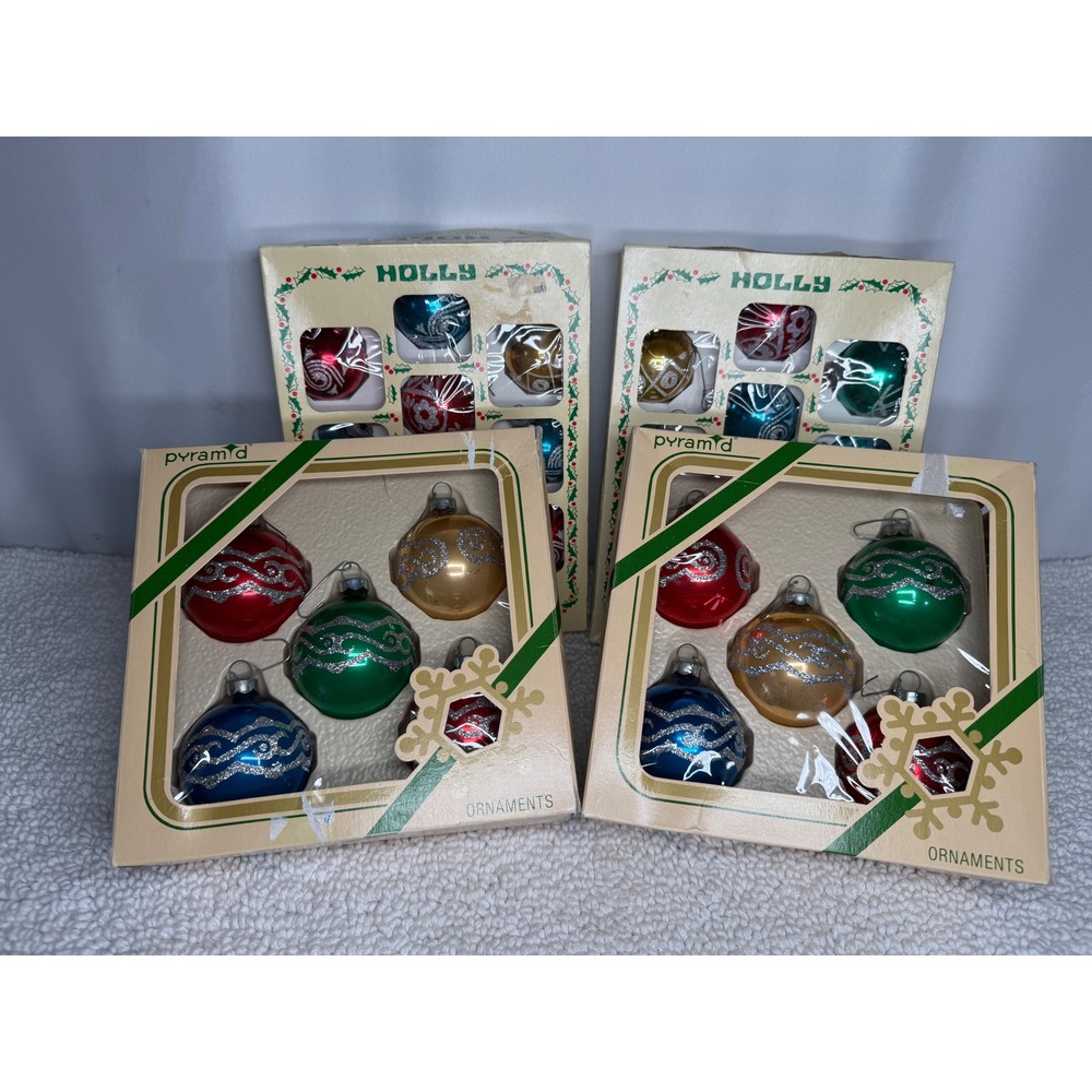 Vintage Glass Christmas Ornaments Lot 30pc Holly Pyramid Glitter Blue Red Gold